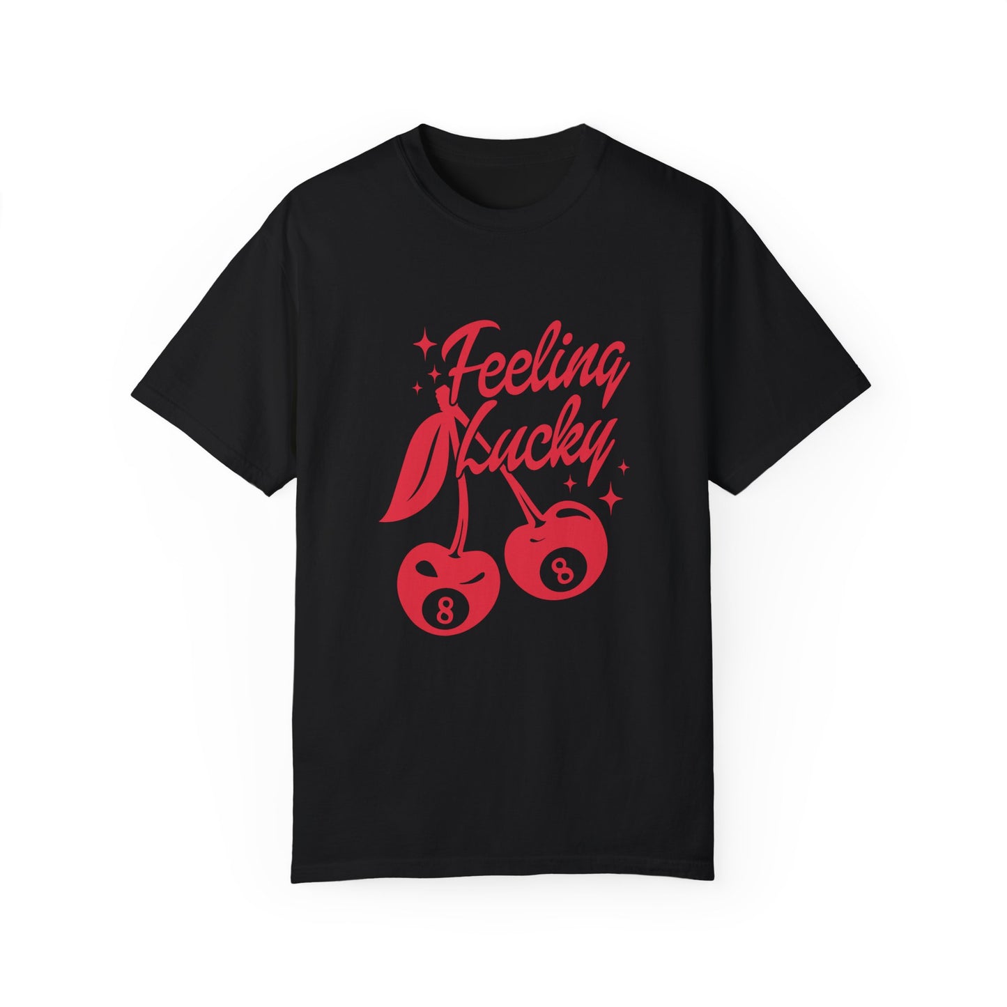 Shirt featuring a lucky cherry graphic with vintage red cherries and an 8-ball design. Retro cherry t-shirt with a feeling lucky vibe, perfect as a black vintage shirt or fun vintage shirt for casual, stylish looks.