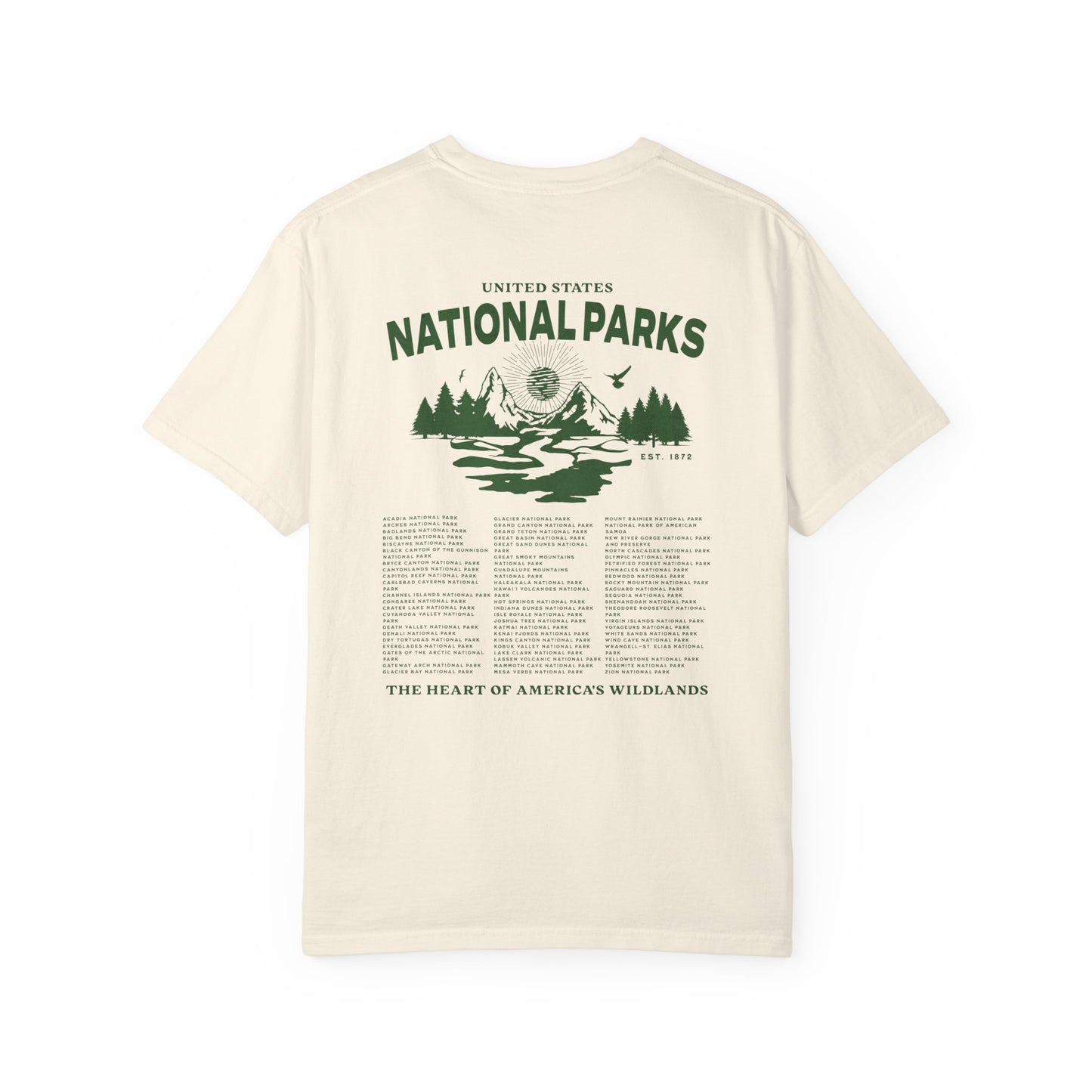 Beige t-shirt with 'National Parks' graphic and text on a white background