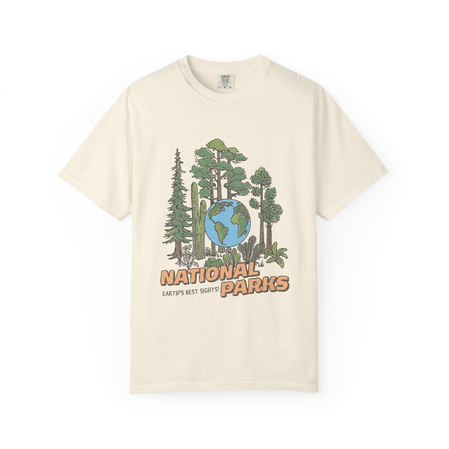 Beige t-shirt with national parks graphic on a white background