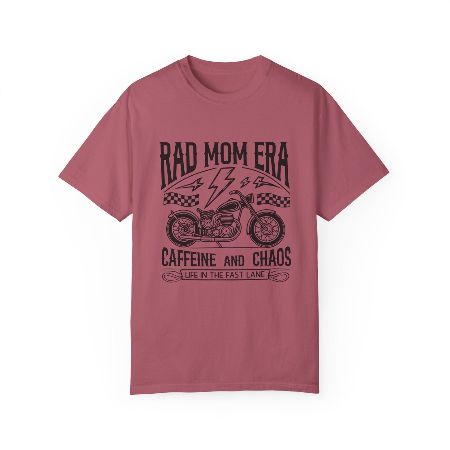 Rad mom graphic tee with a vintage motorcycle design. Caffeine and chaos slogan for stylish moms. Cool mom aesthetic with a rebellious vibe. Perfect mom life graphic tee for trendy outfits. Life in the fast lane moto shirt for everyday adventures.
