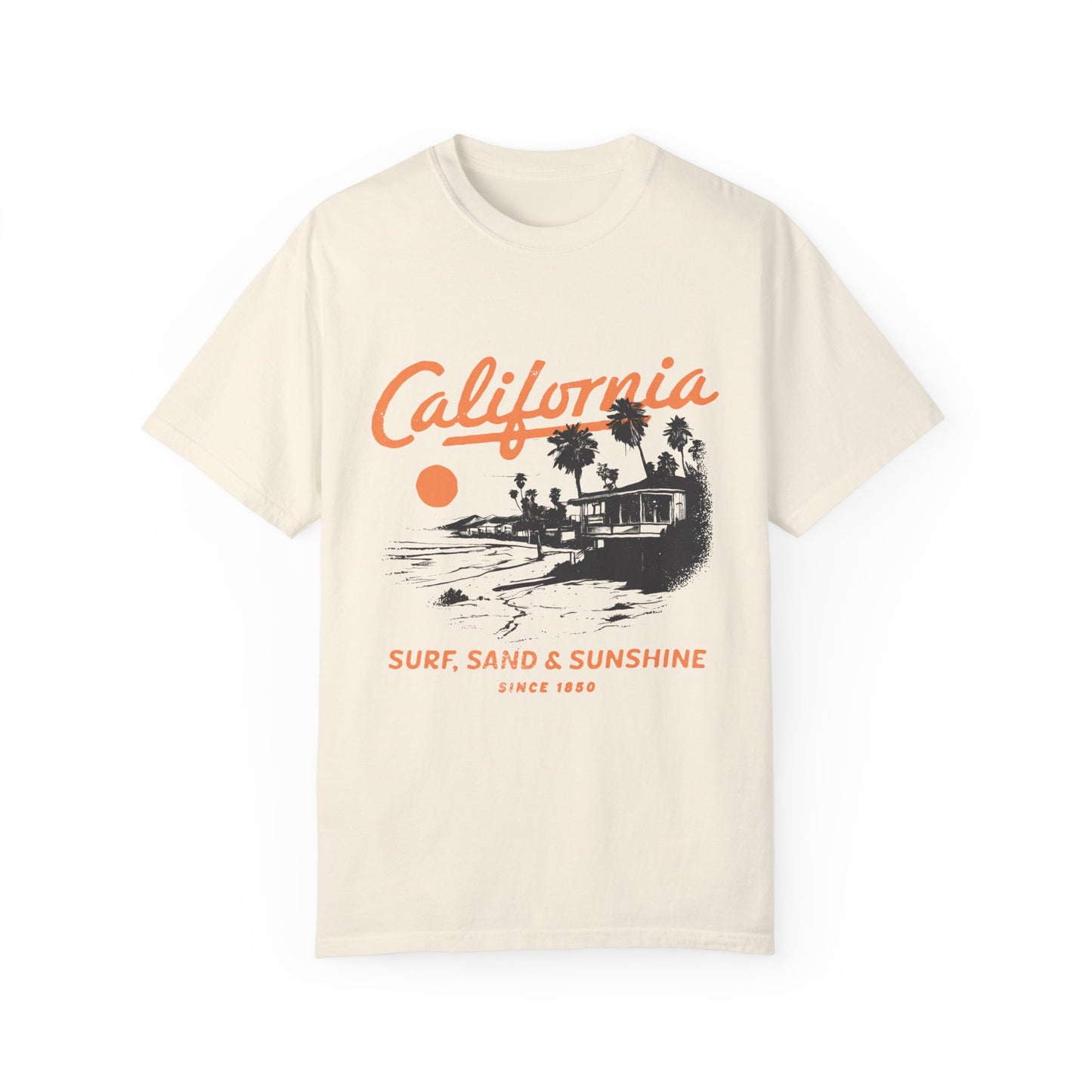 Retro California tee with vintage surf shirt design featuring a classic surf shack and palm trees. West Coast graphic tee for beach lovers. Lightweight surf tee with nostalgic style. California beach tee perfect for casual wear, old school surf tee for everyday comfort.