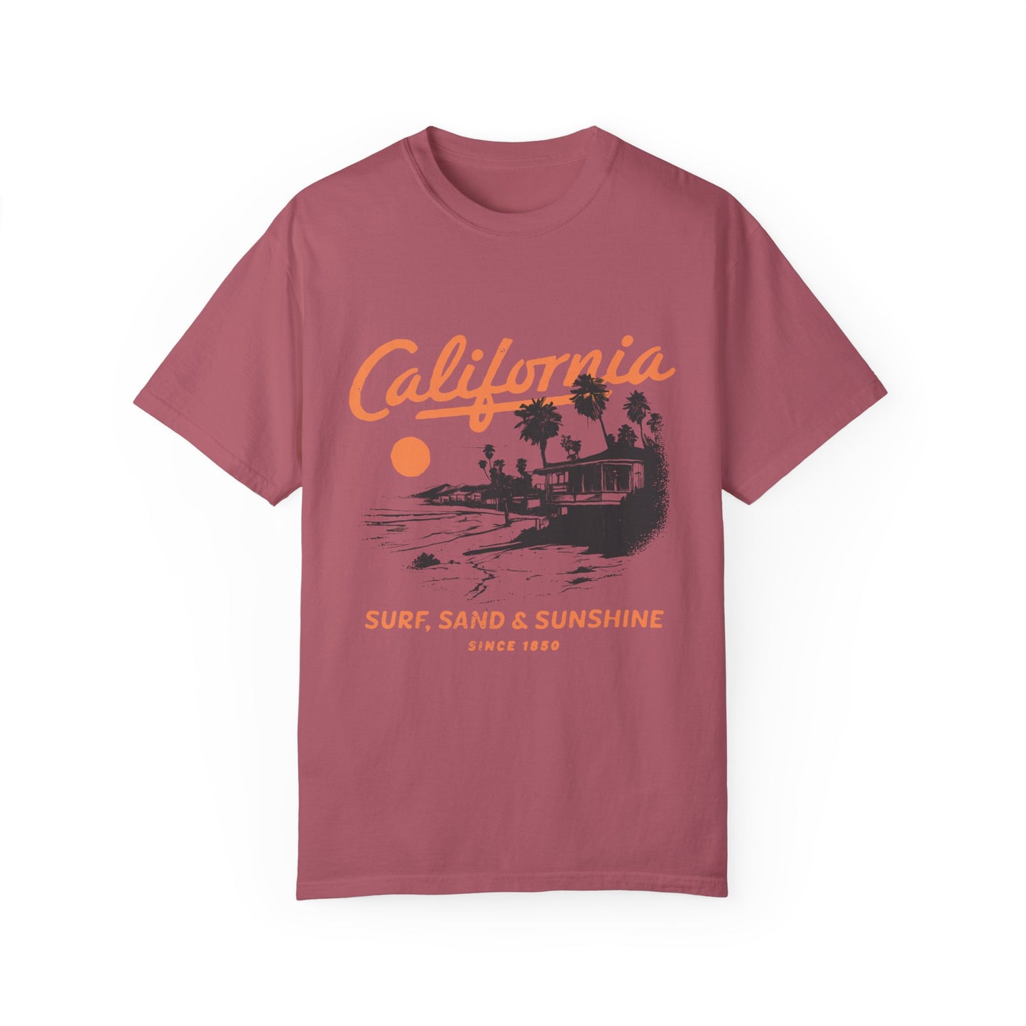 Retro California tee with vintage surf shirt design featuring a classic surf shack and palm trees. West Coast graphic tee for beach lovers. Lightweight surf tee with nostalgic style. California beach tee perfect for casual wear, old school surf tee for everyday comfort.