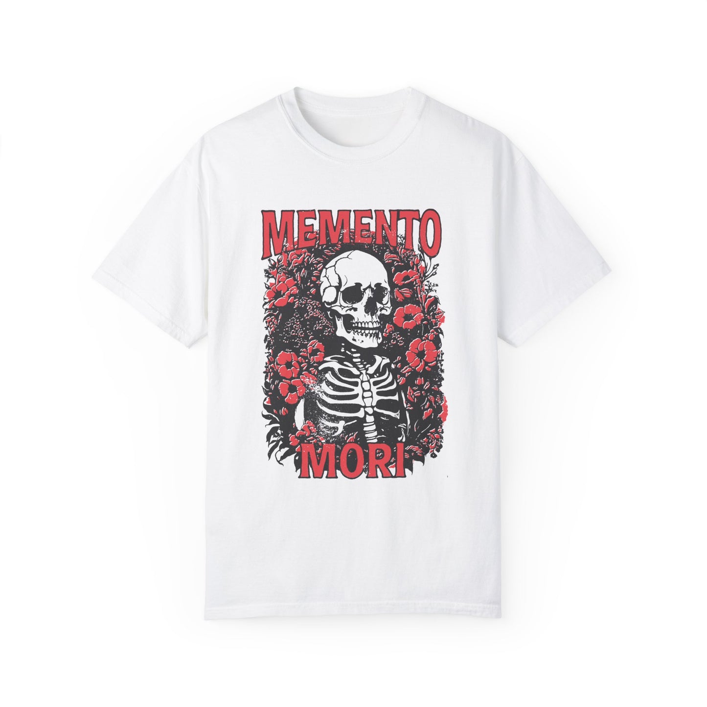 Graphic tee featuring a detailed skull design surrounded by floral elements, perfect for fans of vintage skeleton tees, gothic skull shirts, and retro goth style. A trendy death-themed shirt combining dark floral and skeleton art for casual or streetwear looks.