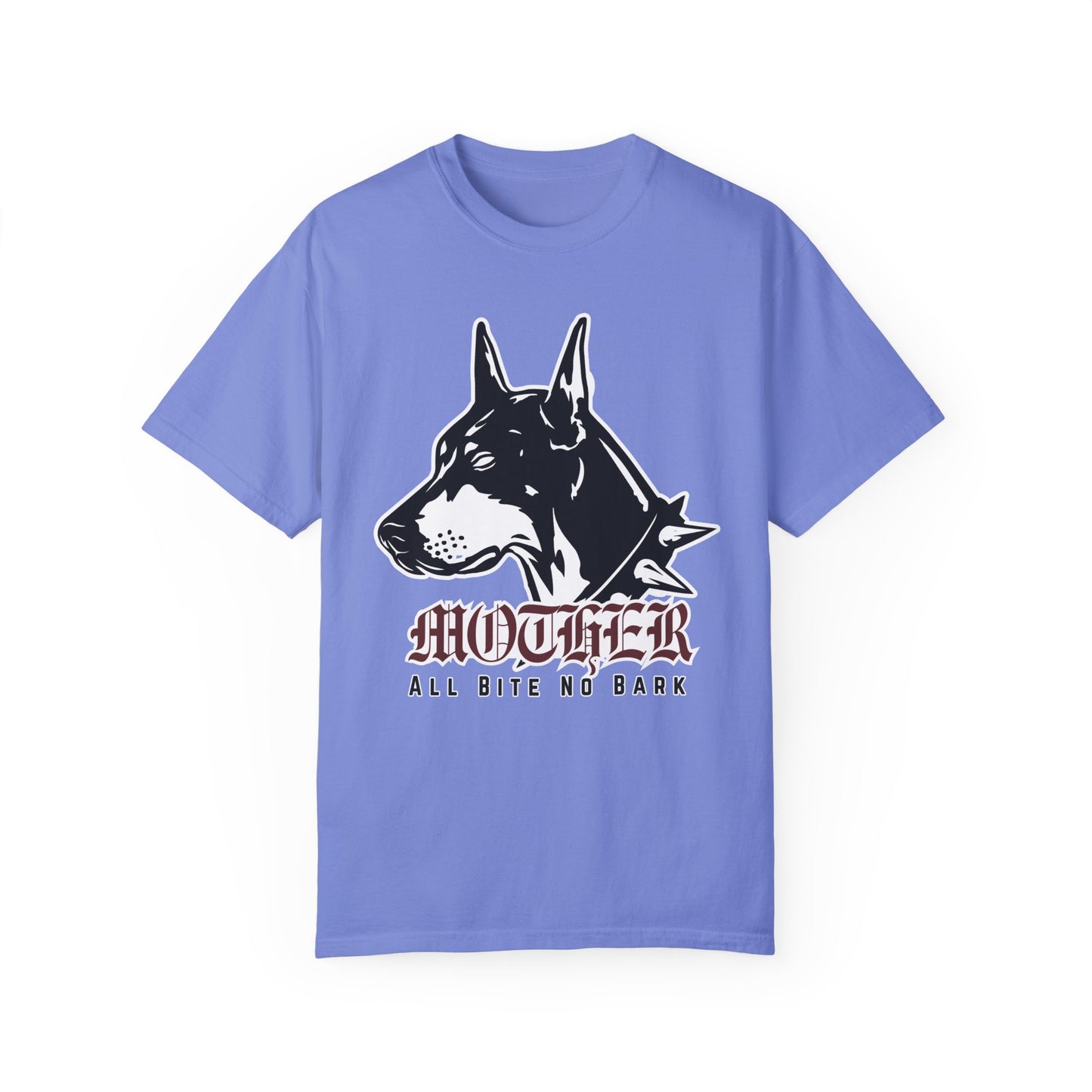 Oversized Doberman Graphic Tee with bold gothic lettering and tattoo style design. Edgy Dog Mom Shirt with punk rock vibe, perfect for streetwear lovers. Retro Mom Graphic Tee with All Bite No Bark statement for bold, confident moms.