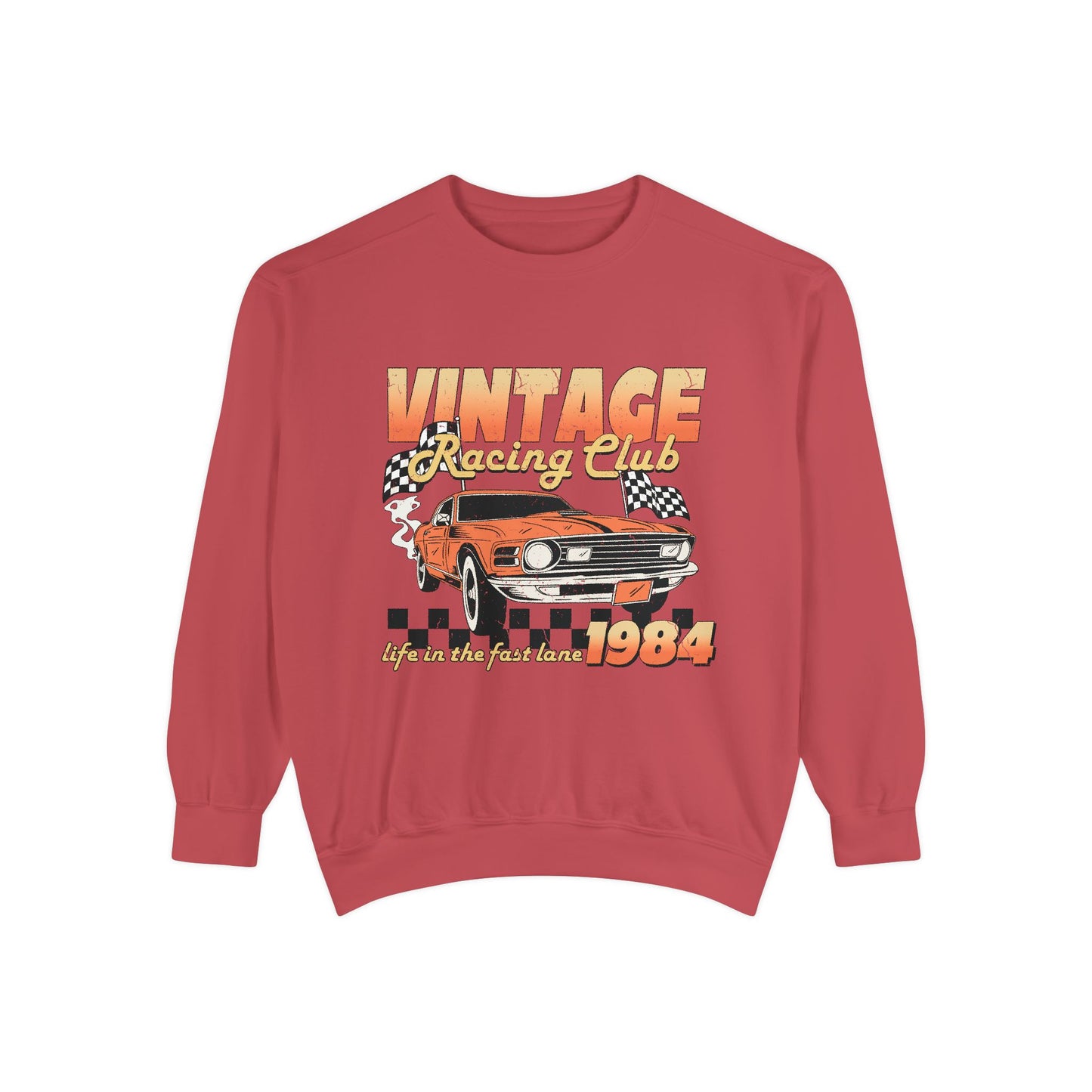 Retro car club shirt with vintage 1984 race car graphic, distressed design, and checkered flag accents. Perfect for muscle car lovers and fans of classic racing. Available as a crewneck sweatshirt in multiple colors.