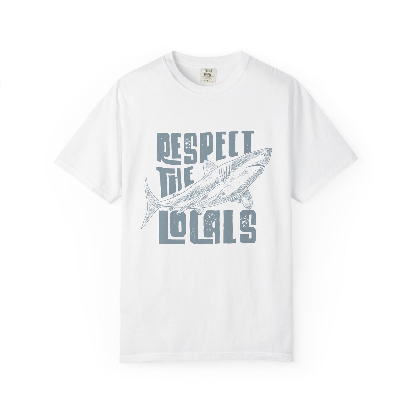 White t-shirt with a graphic of a fish and text 'Respect the Locals' on a white background