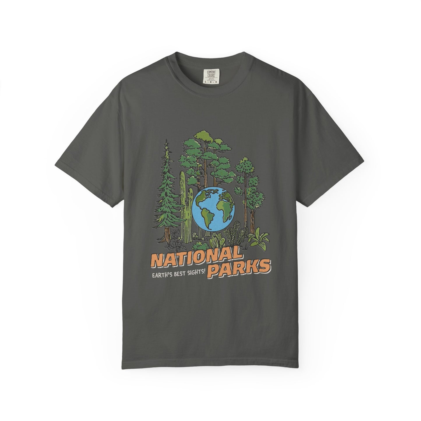 Gray t-shirt with 'National Parks' graphic design on a white background