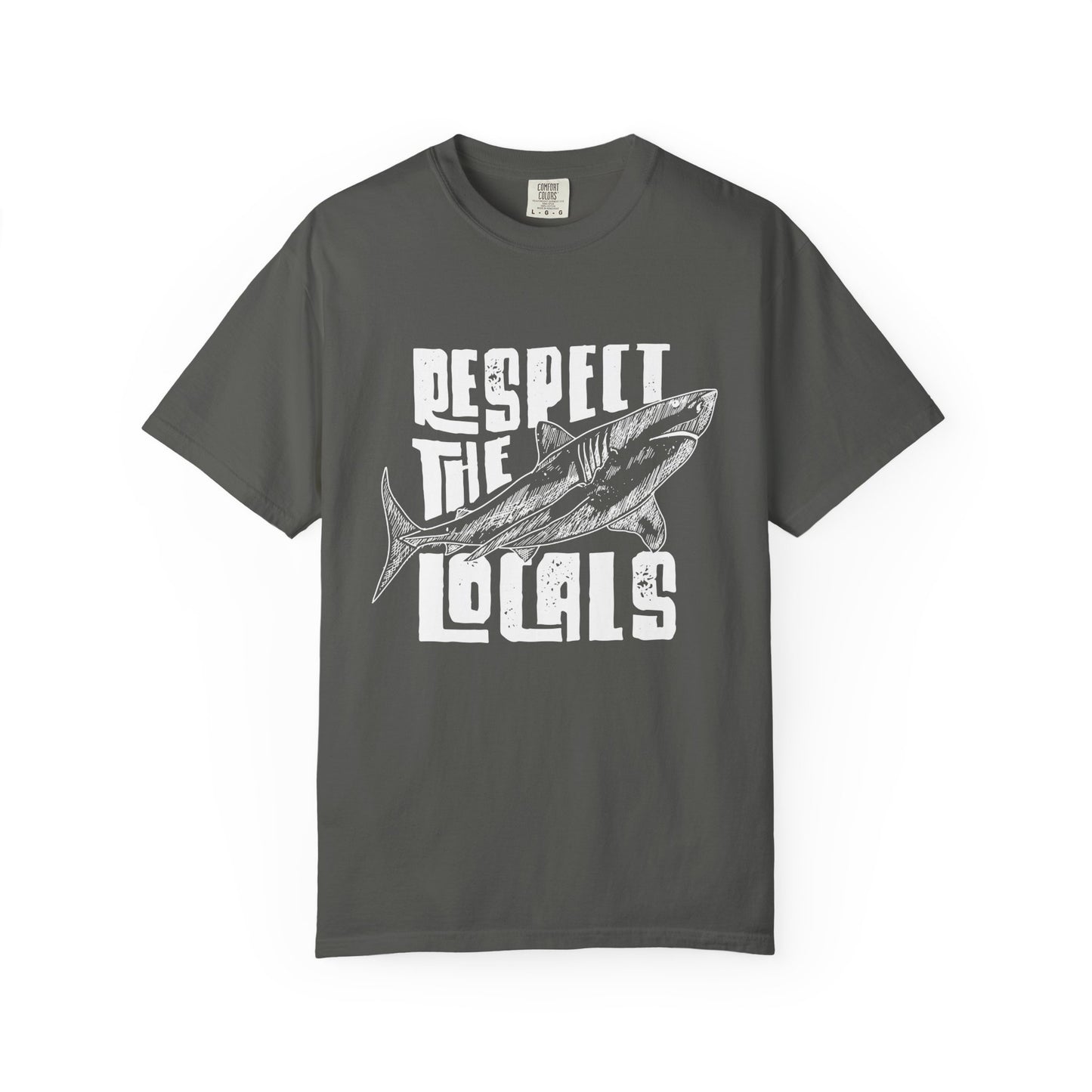 Gray t-shirt with a shark graphic and text 'Respect the Locals' on a white background