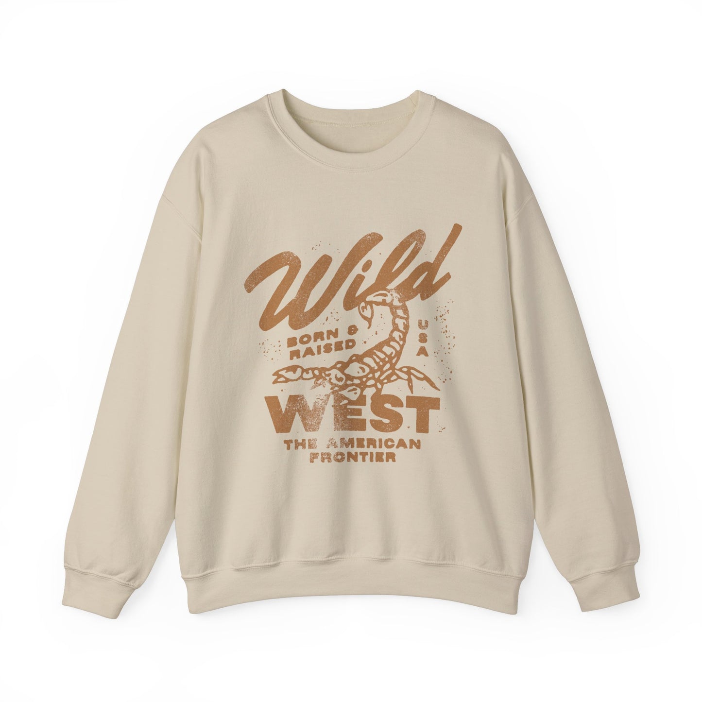 Vintage western top with a scorpion graphic and distressed details. Retro cowboy pullover with a rugged, rustic style. Wild West sweatshirt inspired by the American frontier. Western rodeo shirt with a bold design for an adventurous look.