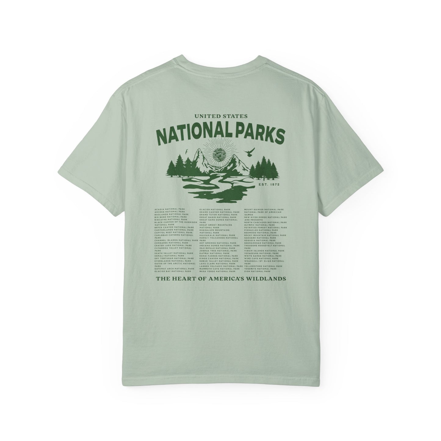 Light green t-shirt with 'National Parks' graphic on a white background