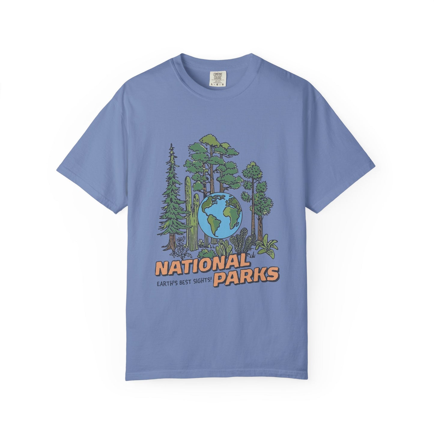 Blue t-shirt with national parks graphic on a white background