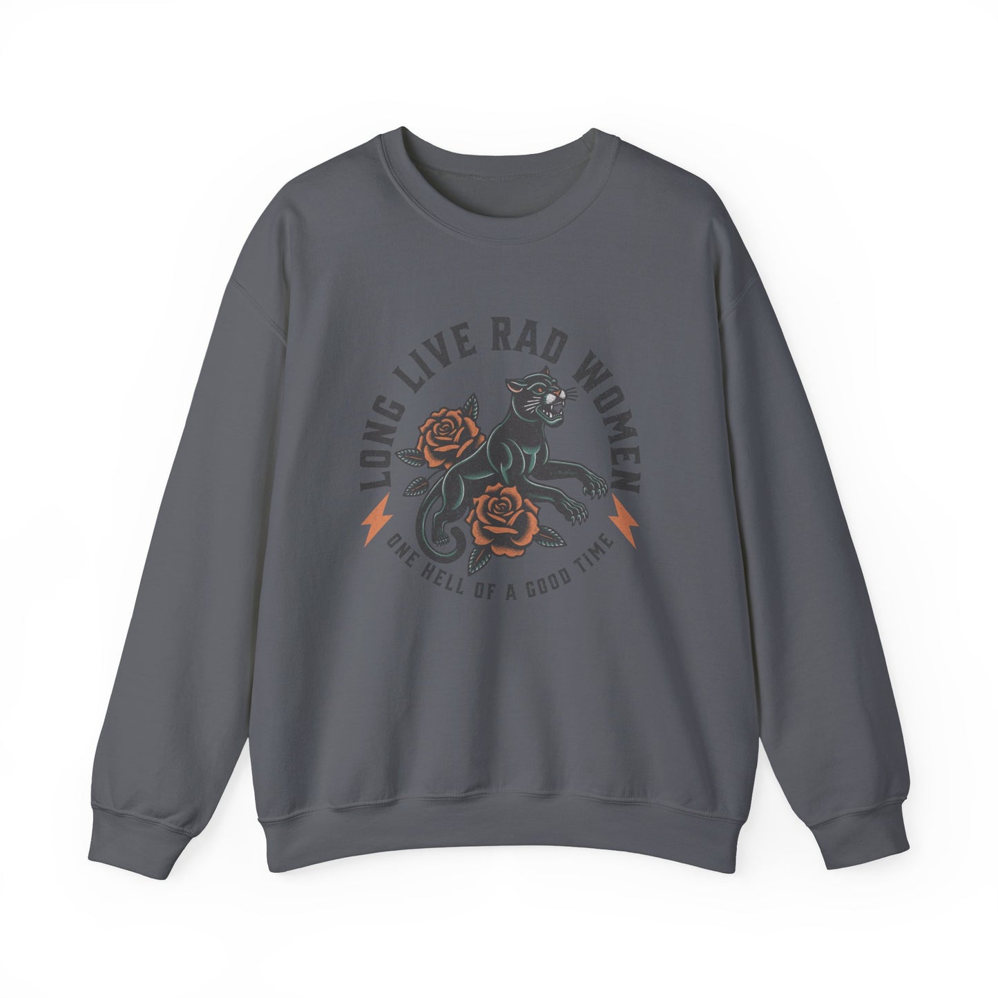 Rad women sweatshirt with vintage panther and floral tattoo design. Bold graphic pullover for cool girls and rebel hearts. Feminist crewneck with retro panther style. Empowered women top perfect for casual, everyday, and statement looks.