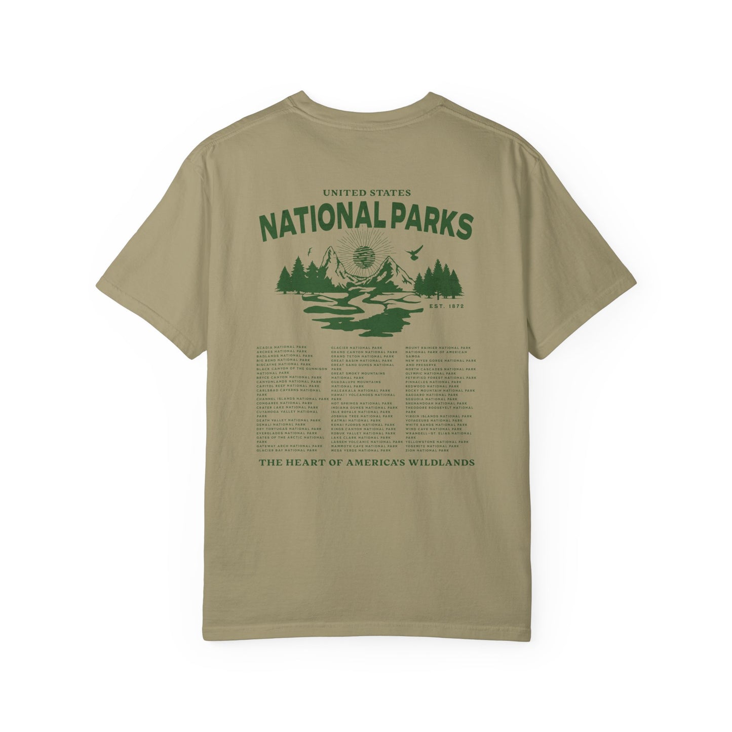 Khaki t-shirt with green 'National Parks' graphic on a white background