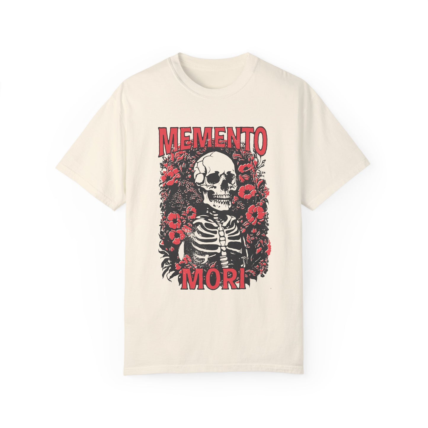 Graphic tee featuring a detailed skull design surrounded by floral elements, perfect for fans of vintage skeleton tees, gothic skull shirts, and retro goth style. A trendy death-themed shirt combining dark floral and skeleton art for casual or streetwear looks.