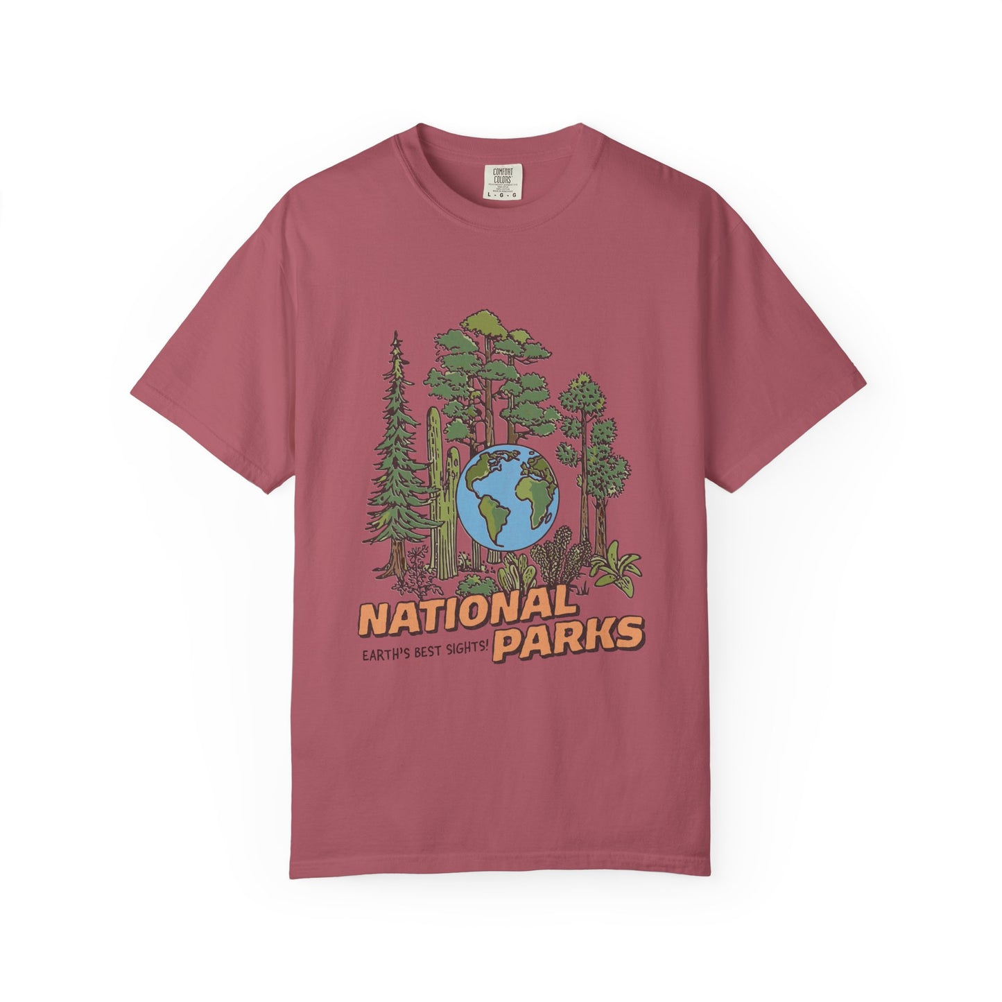 Maroon t-shirt with 'National Parks' graphic on a white background