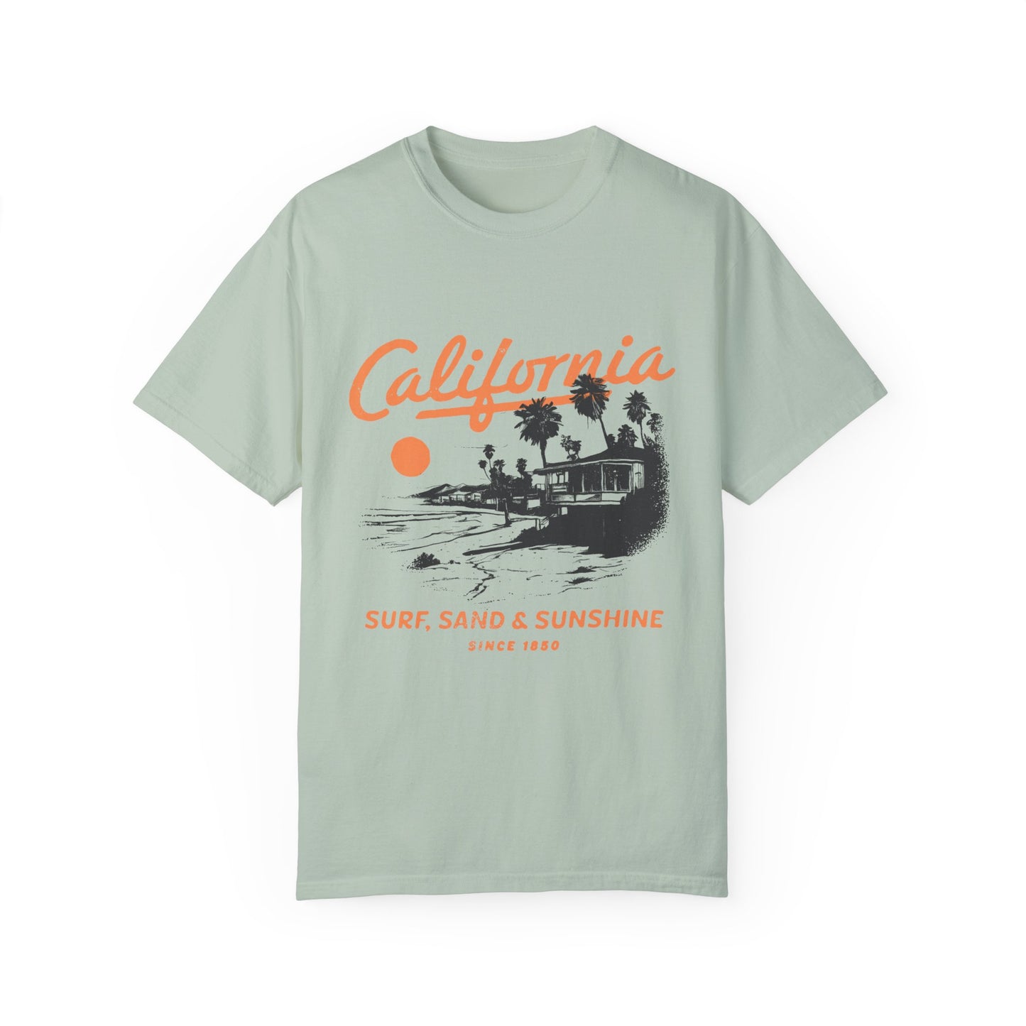 Retro California tee with vintage surf shirt design featuring a classic surf shack and palm trees. West Coast graphic tee for beach lovers. Lightweight surf tee with nostalgic style. California beach tee perfect for casual wear, old school surf tee for everyday comfort.