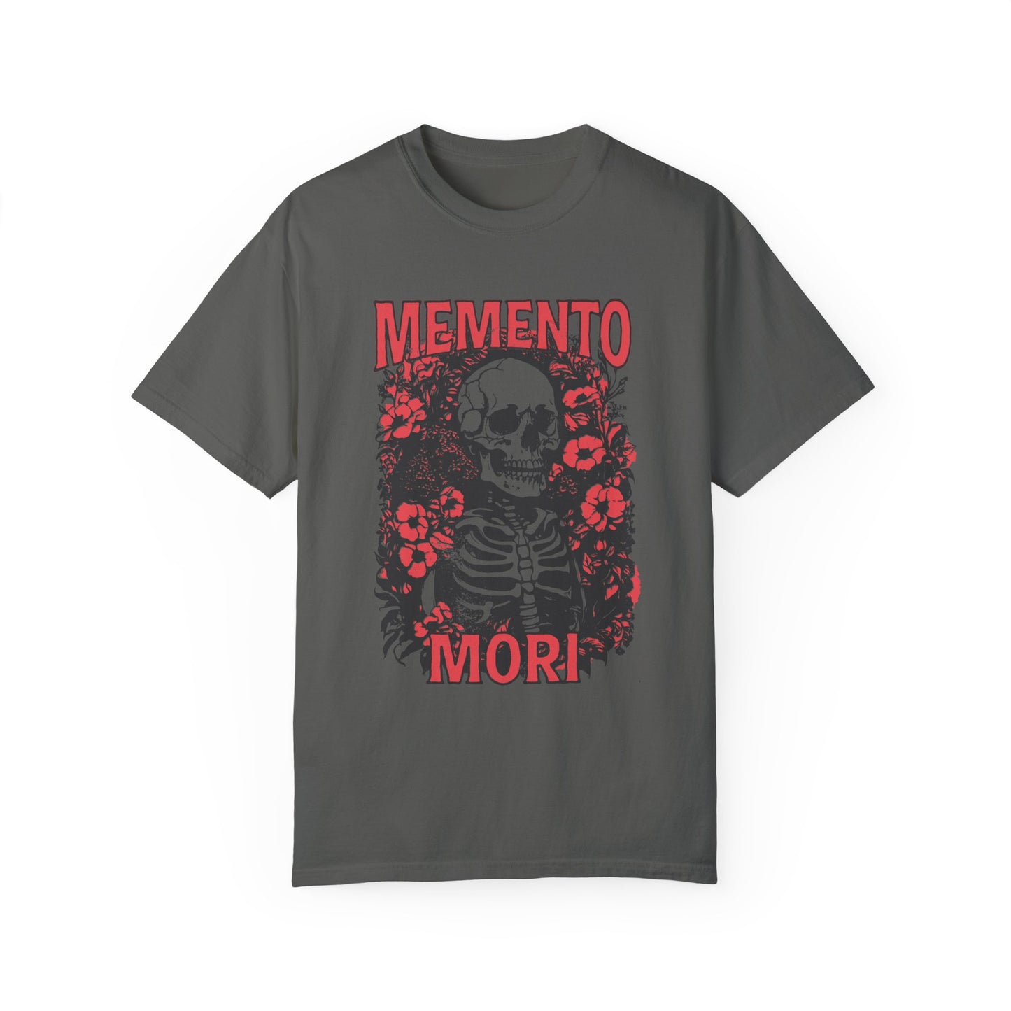Graphic tee featuring a detailed skull design surrounded by floral elements, perfect for fans of vintage skeleton tees, gothic skull shirts, and retro goth style. A trendy death-themed shirt combining dark floral and skeleton art for casual or streetwear looks.