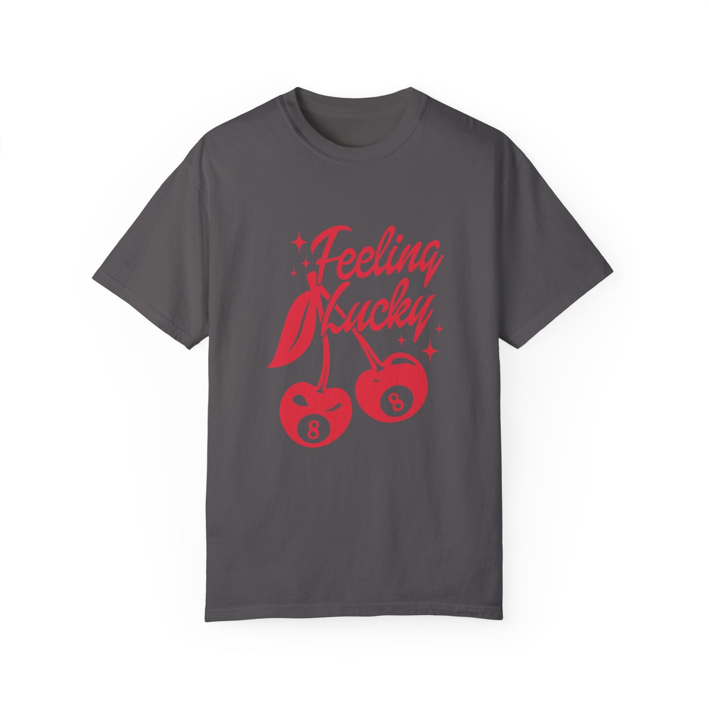 Shirt featuring a lucky cherry graphic with vintage red cherries and an 8-ball design. Retro cherry t-shirt with a feeling lucky vibe, perfect as a black vintage shirt or fun vintage shirt for casual, stylish looks.
