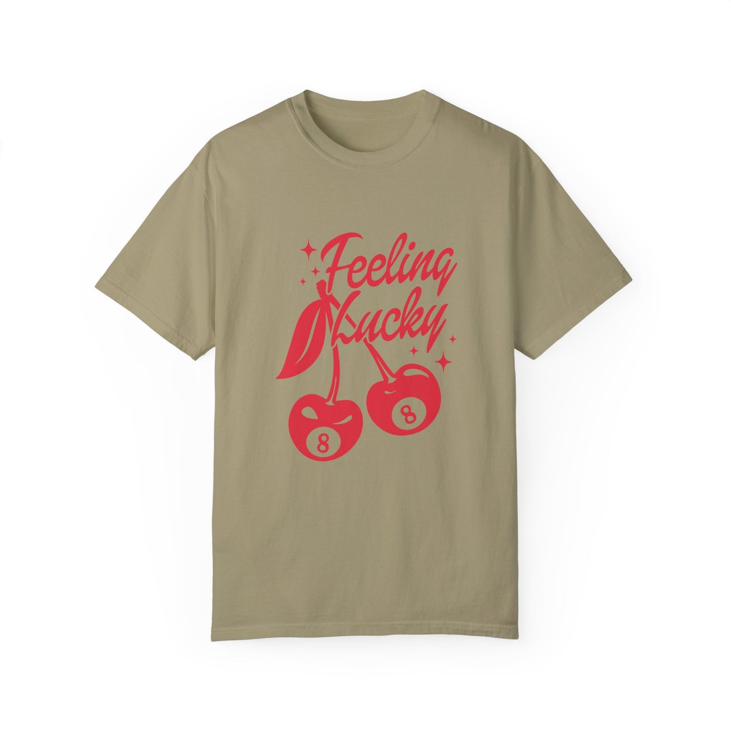 Shirt featuring a lucky cherry graphic with vintage red cherries and an 8-ball design. Retro cherry t-shirt with a feeling lucky vibe, perfect as a black vintage shirt or fun vintage shirt for casual, stylish looks.