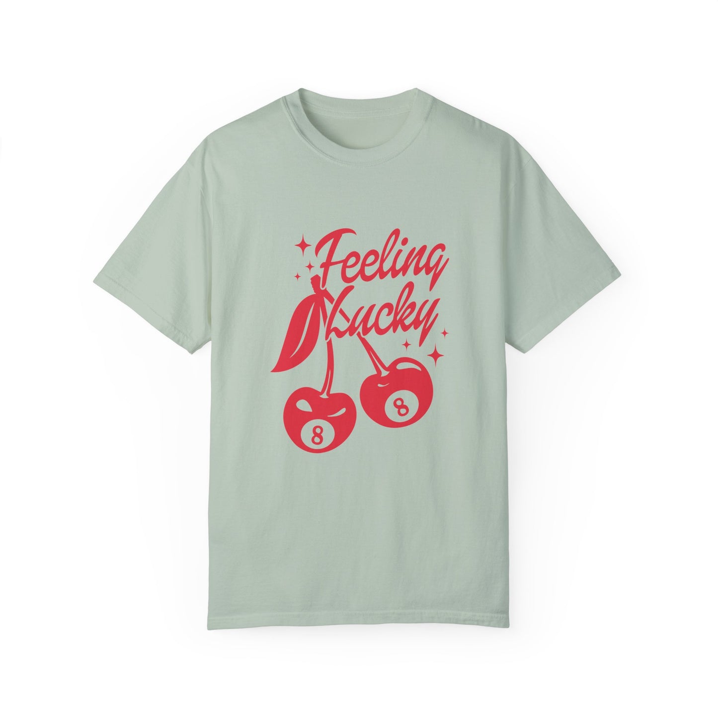 Shirt featuring a lucky cherry graphic with vintage red cherries and an 8-ball design. Retro cherry t-shirt with a feeling lucky vibe, perfect as a black vintage shirt or fun vintage shirt for casual, stylish looks.
