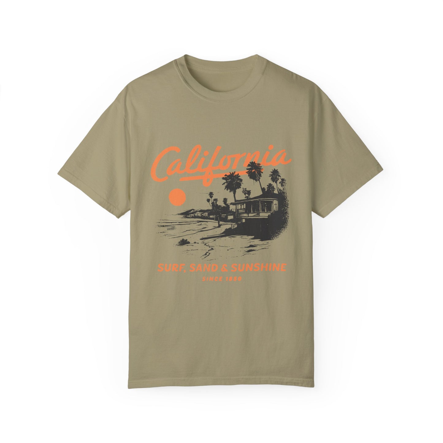 Retro California tee with vintage surf shirt design featuring a classic surf shack and palm trees. West Coast graphic tee for beach lovers. Lightweight surf tee with nostalgic style. California beach tee perfect for casual wear, old school surf tee for everyday comfort.