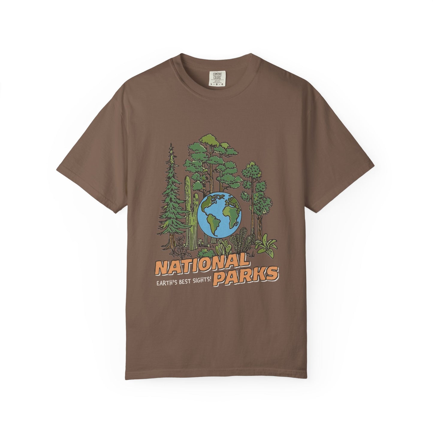Brown t-shirt with national parks graphic design on a white background