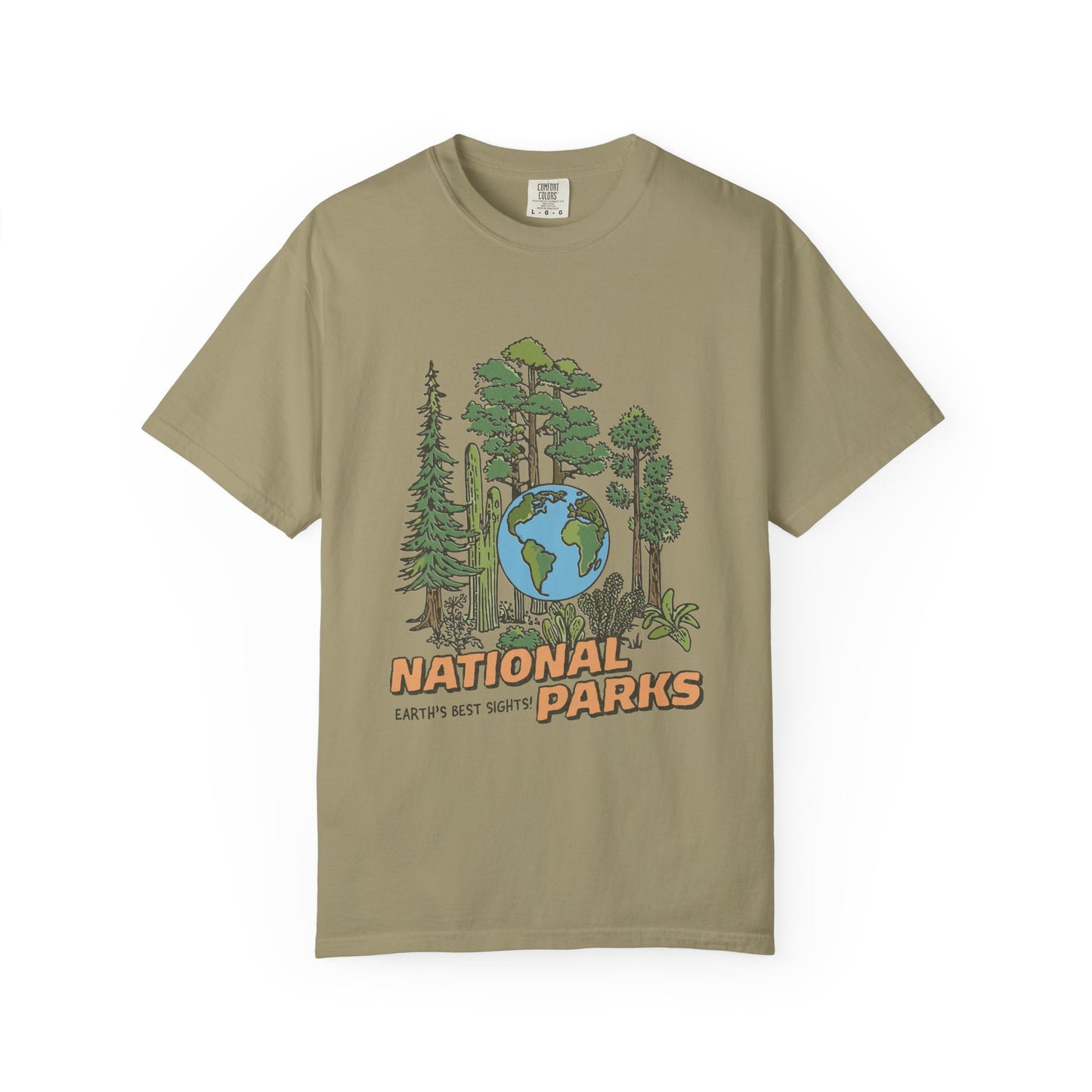 Khaki t-shirt with national parks graphic design on a white background