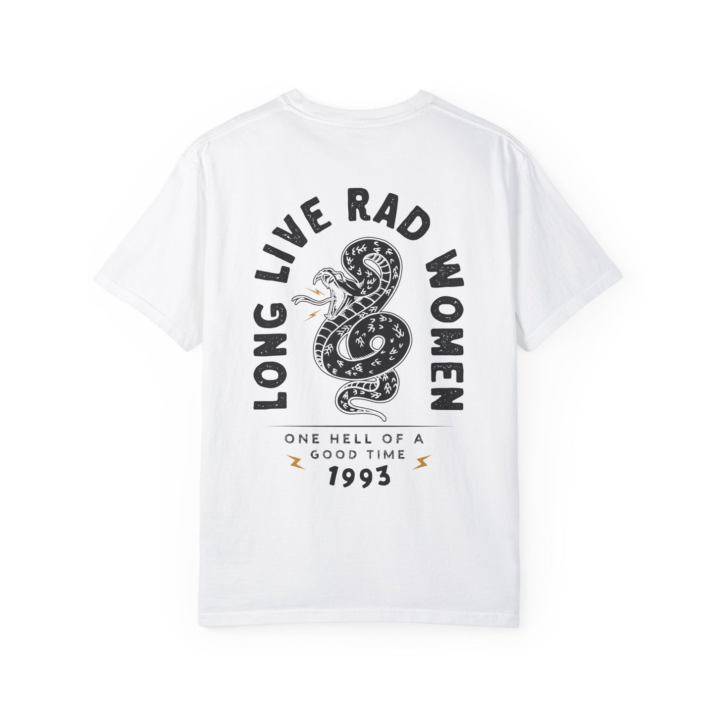 Long Live Rad Women retro snake tee, vintage cotton shirt with relaxed fit, feminist graphic tee, statement graphic tee, snake design tee, lightweight casual cotton tee, bold feminist shirt, 90s style t-shirt, graphic women tee for everyday wear.
