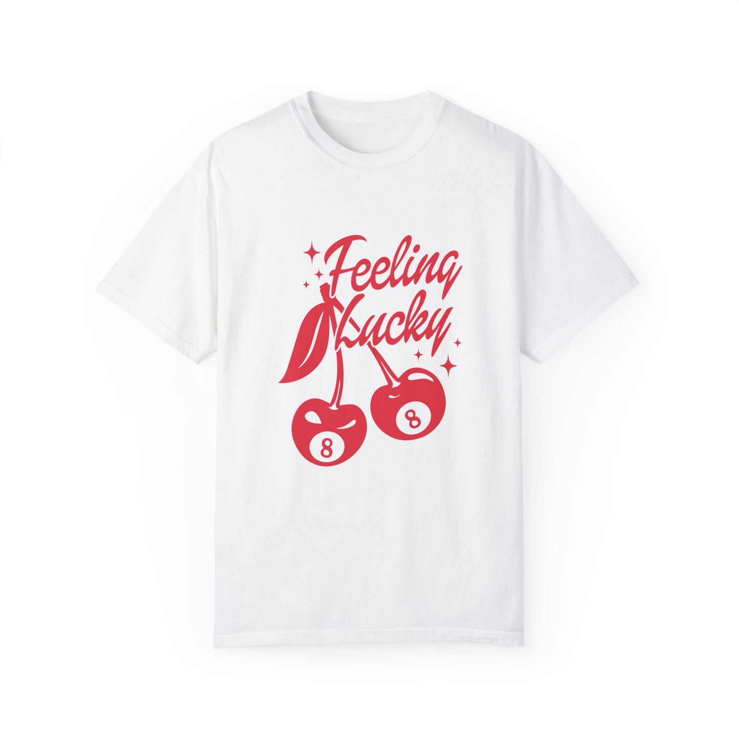 Shirt featuring a lucky cherry graphic with vintage red cherries and an 8-ball design. Retro cherry t-shirt with a feeling lucky vibe, perfect as a black vintage shirt or fun vintage shirt for casual, stylish looks.