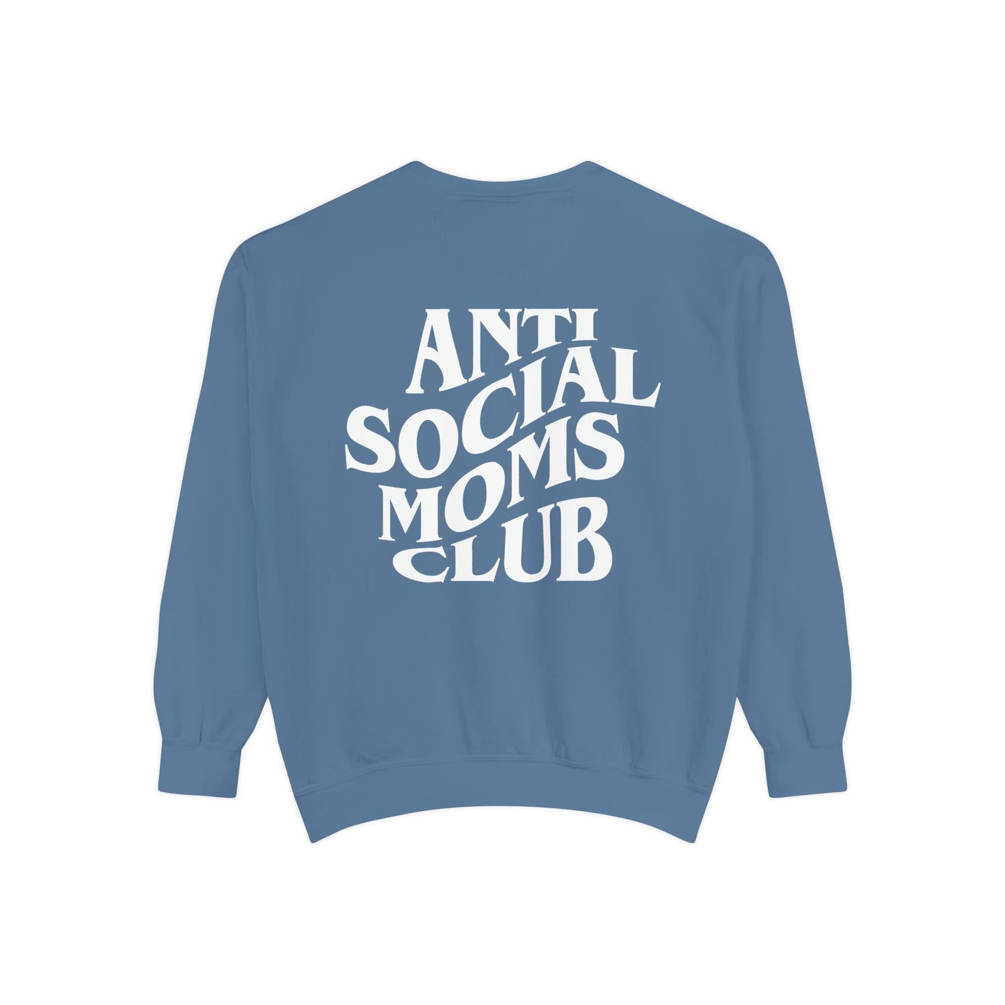 Anti Social Moms Club sweatshirt with bold graphic text on the back. Perfect funny mom sweatshirt or vintage mom pullover for casual wear. Stylish, oversized fit for a comfy mom sweatshirt, ideal gift for moms who love humor and relaxed style.
