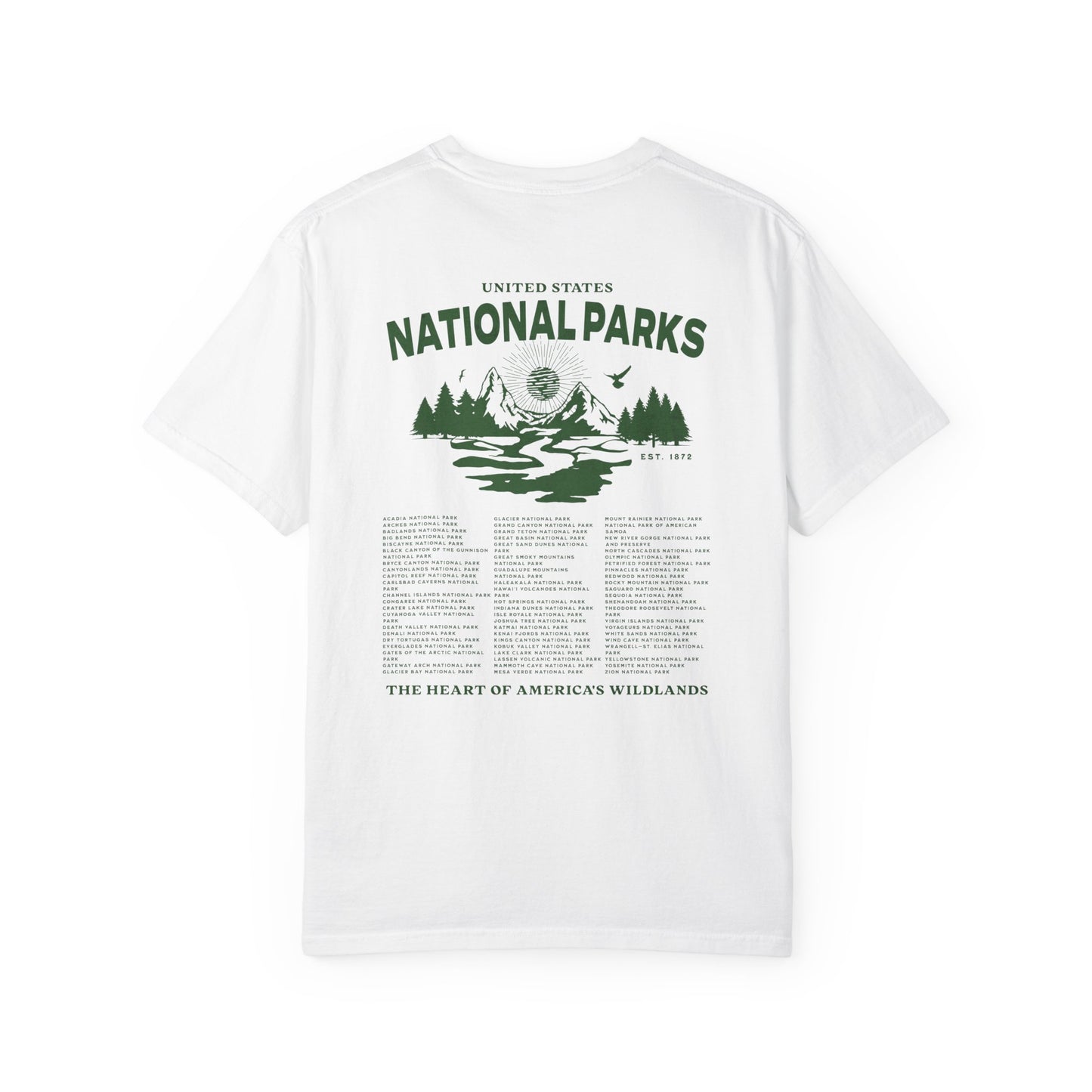 White t-shirt with 'National Parks' graphic and text on a white background