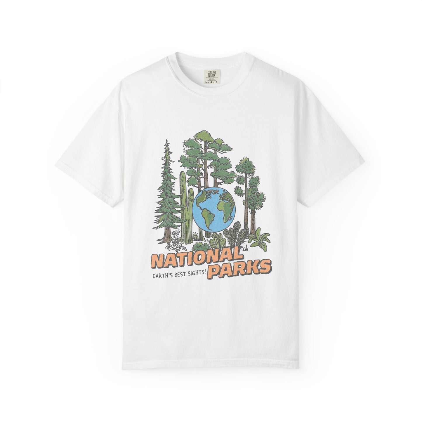 White t-shirt with national parks graphic design on a white background
