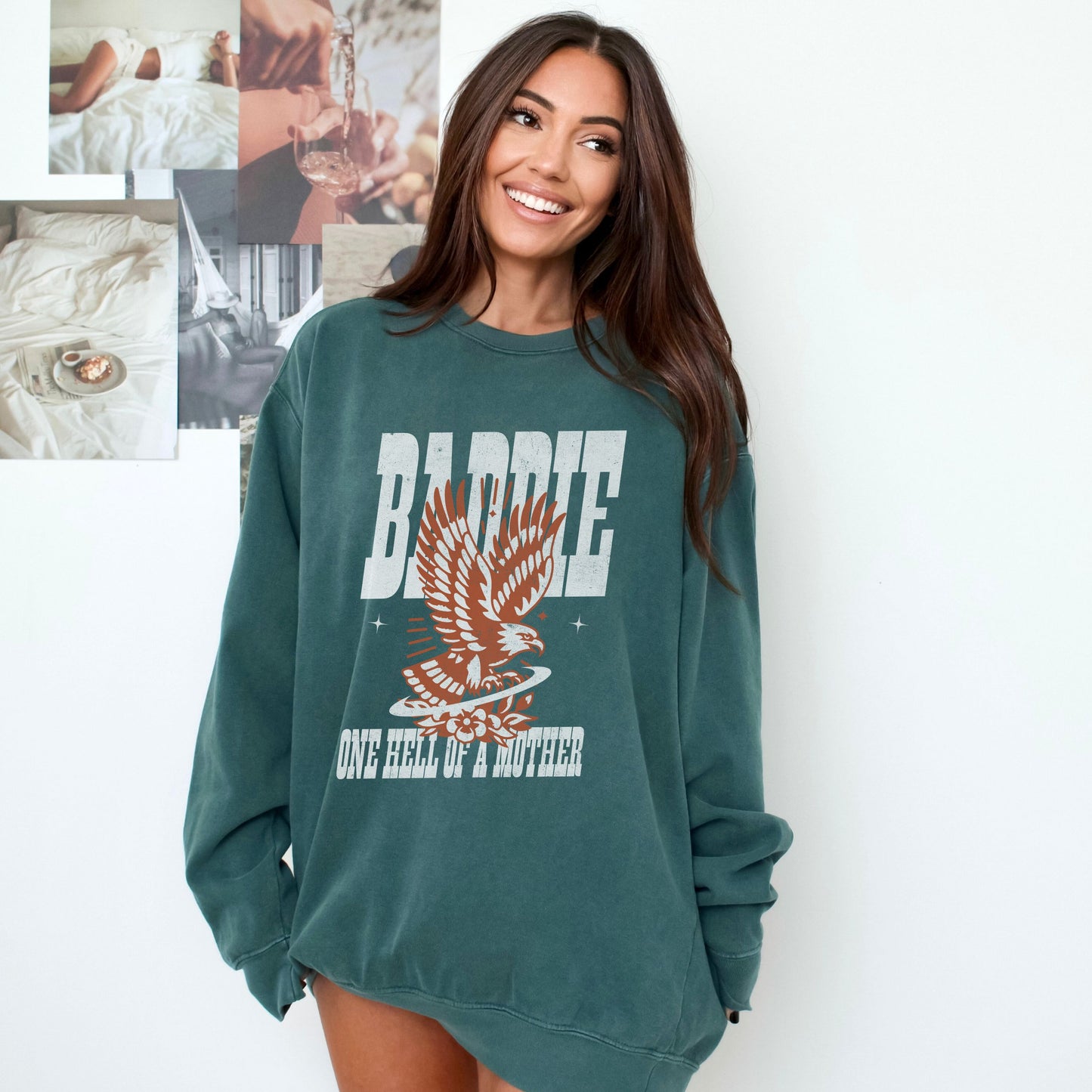Cool mom crewneck with bold eagle graphic and vintage style. Edgy mom sweatshirt perfect for Mother’s Day or everyday wear. Strong mama crewneck with wild retro vibe for confident moms who love graphic pullovers and stylish oversized sweatshirts.