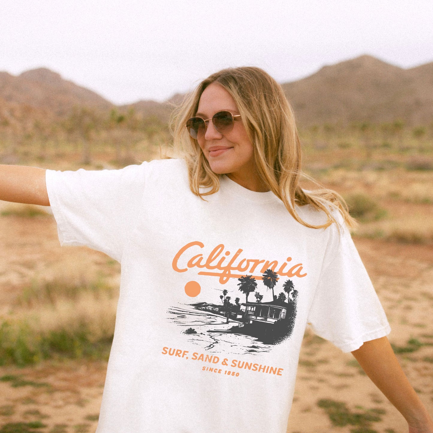 Retro California tee with vintage surf shirt design featuring a classic surf shack and palm trees. West Coast graphic tee for beach lovers. Lightweight surf tee with nostalgic style. California beach tee perfect for casual wear, old school surf tee for everyday comfort.