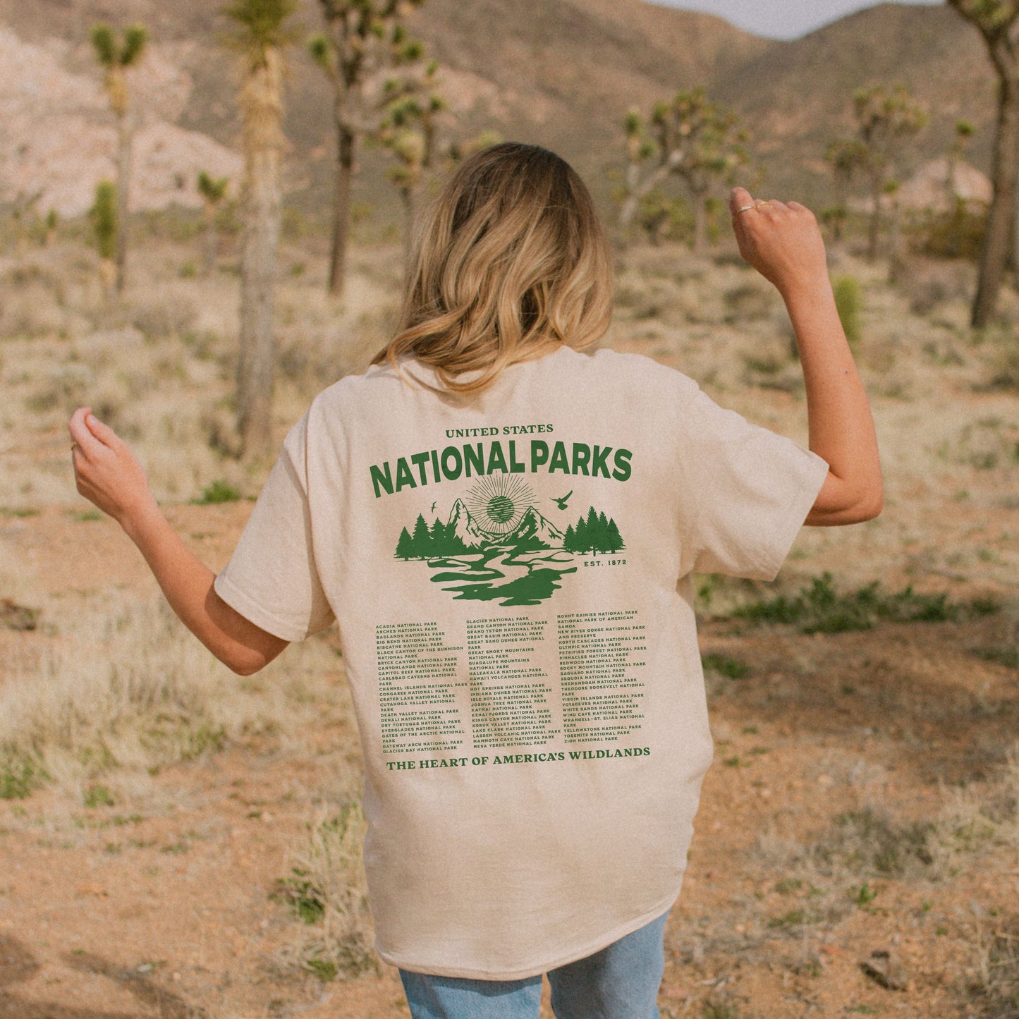 Person wearing a 'National Parks' t-shirt in a desert landscape