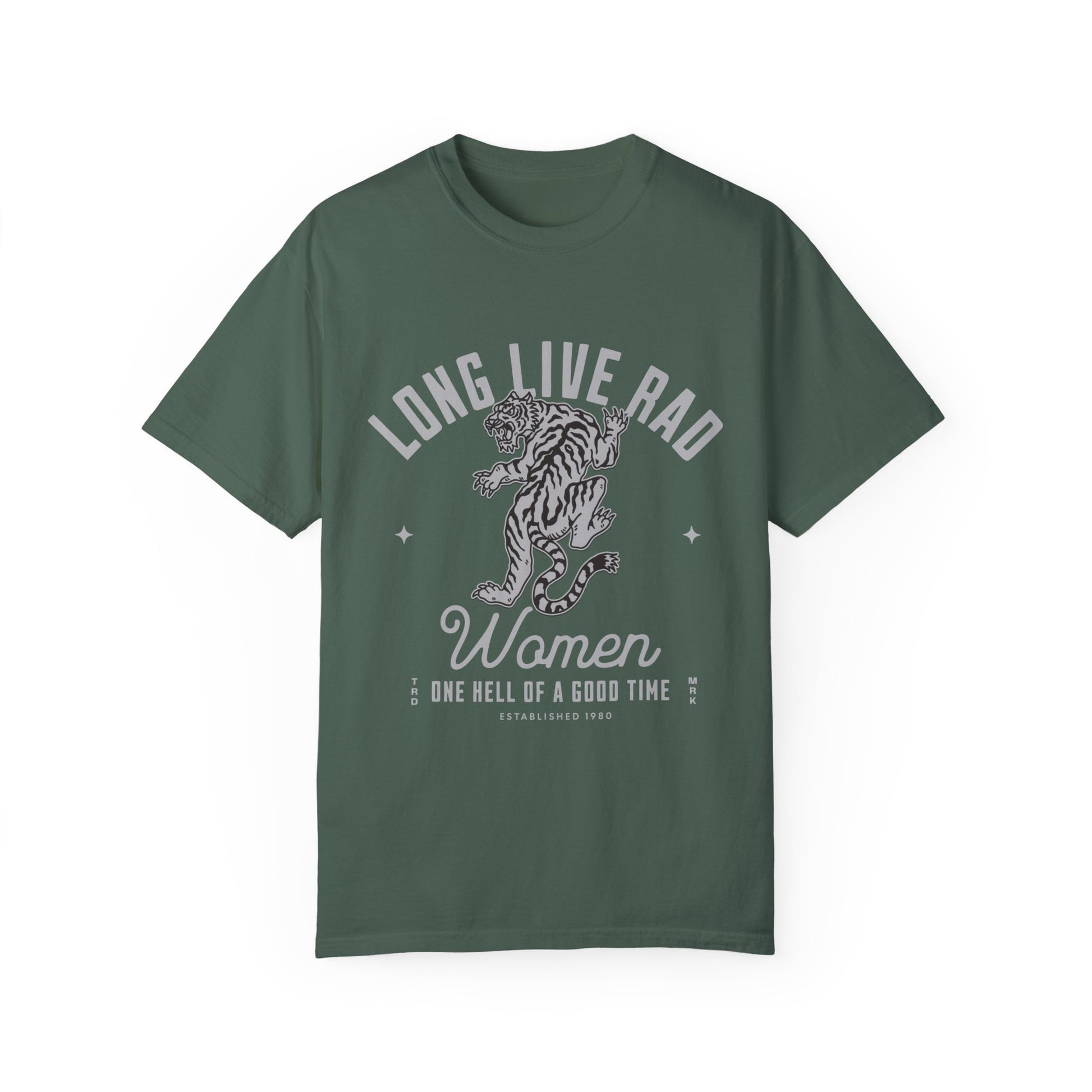 Rad Women Tee with vintage tiger graphic. 90s band graphic tee style with distressed rock tee aesthetic. Edgy women’s tee for a bold look. Western rock tee meets grunge style tee. Badass women tee with rebel graphic tee energy, perfect for everyday wear.