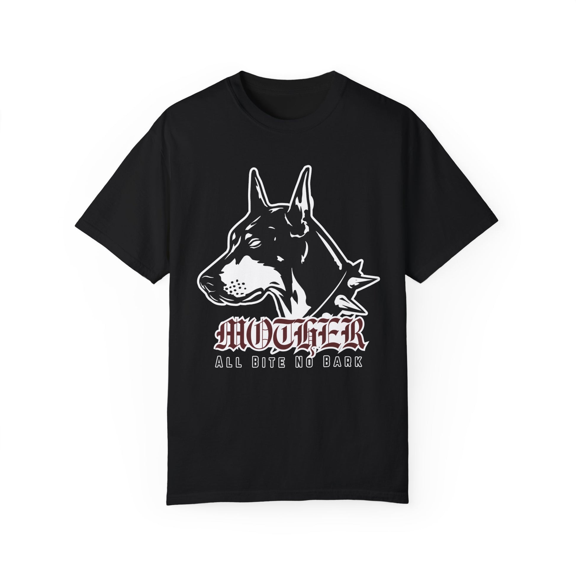 Oversized Doberman Graphic Tee with bold gothic lettering and tattoo style design. Edgy Dog Mom Shirt with punk rock vibe, perfect for streetwear lovers. Retro Mom Graphic Tee with All Bite No Bark statement for bold, confident moms.