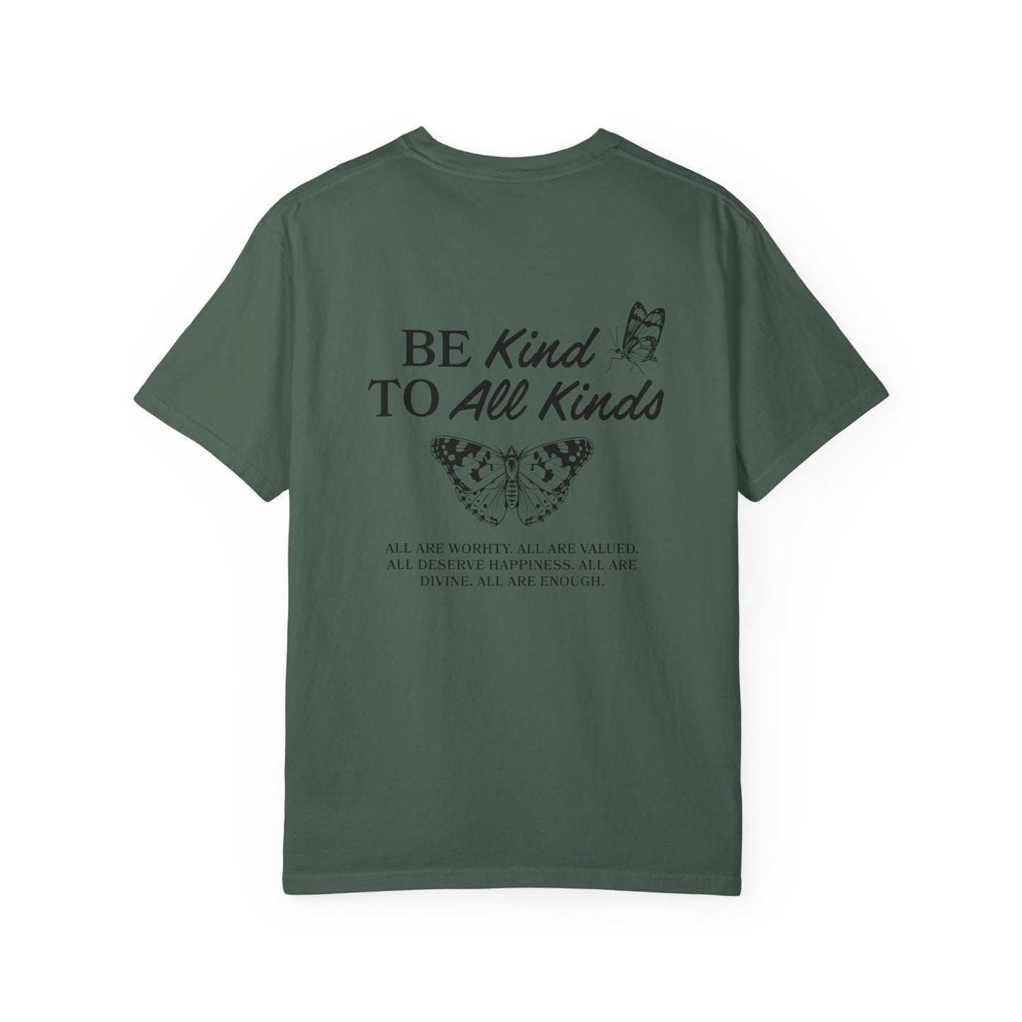 Be Kind Graphic Tee with butterfly design and uplifting message. Kindness Quote Tee made from soft cotton, perfect for casual wear. This Be Kind To All Tee spreads positivity and features an inspiring quote, great as a motivational shirt for daily style.