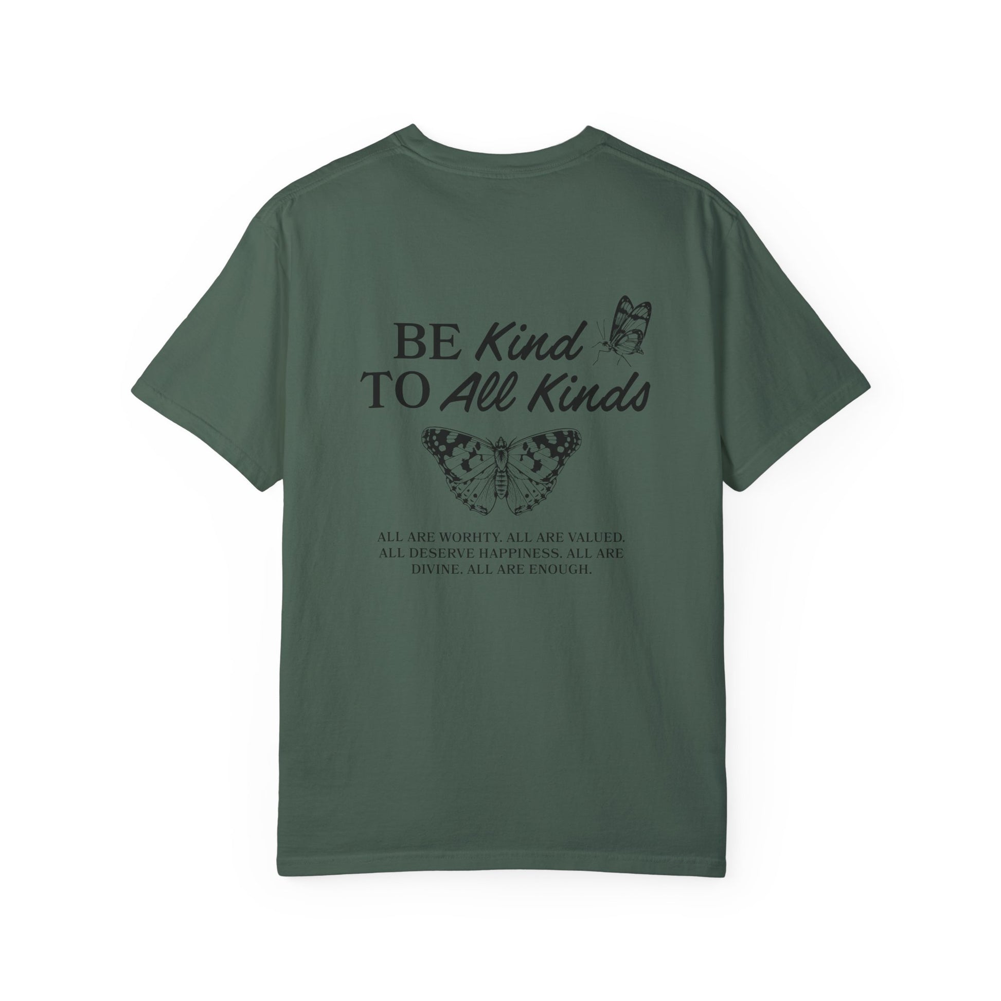 Be Kind Graphic Tee with butterfly design and uplifting message. Kindness Quote Tee made from soft cotton, perfect for casual wear. This Be Kind To All Tee spreads positivity and features an inspiring quote, great as a motivational shirt for daily style.