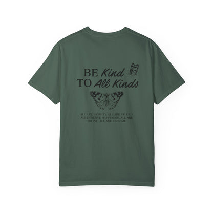 Be Kind Graphic Tee with butterfly design and uplifting message. Kindness Quote Tee made from soft cotton, perfect for casual wear. This Be Kind To All Tee spreads positivity and features an inspiring quote, great as a motivational shirt for daily style.