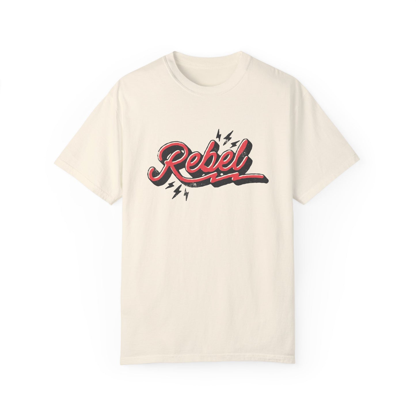 Retro Rebel Tee with vintage-inspired graphic and lightning bolt design. Oversized Rebel Tee perfect for streetwear or casual looks. Distressed Rebel Tee for 90s vibes. Bold Rebel Graphic Tee for a statement style. Ideal for everyday wear with a cool edge.