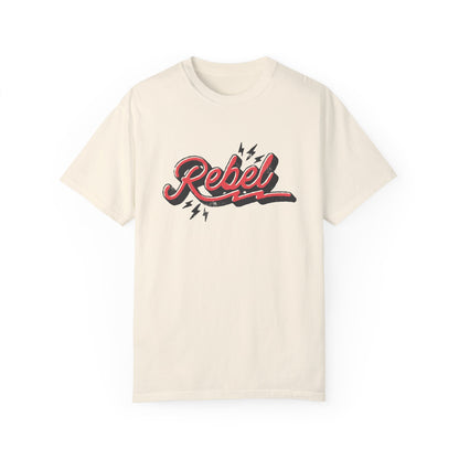 Retro Rebel Tee with vintage-inspired graphic and lightning bolt design. Oversized Rebel Tee perfect for streetwear or casual looks. Distressed Rebel Tee for 90s vibes. Bold Rebel Graphic Tee for a statement style. Ideal for everyday wear with a cool edge.