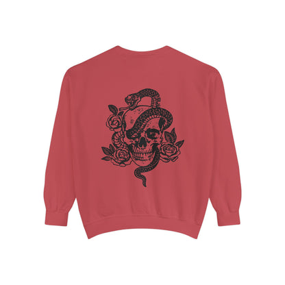 Dark cottagecore top with skeleton graphic and snake design, witchy celestial style sweatshirt, edgy retro pullover perfect for gothic fashion lovers.