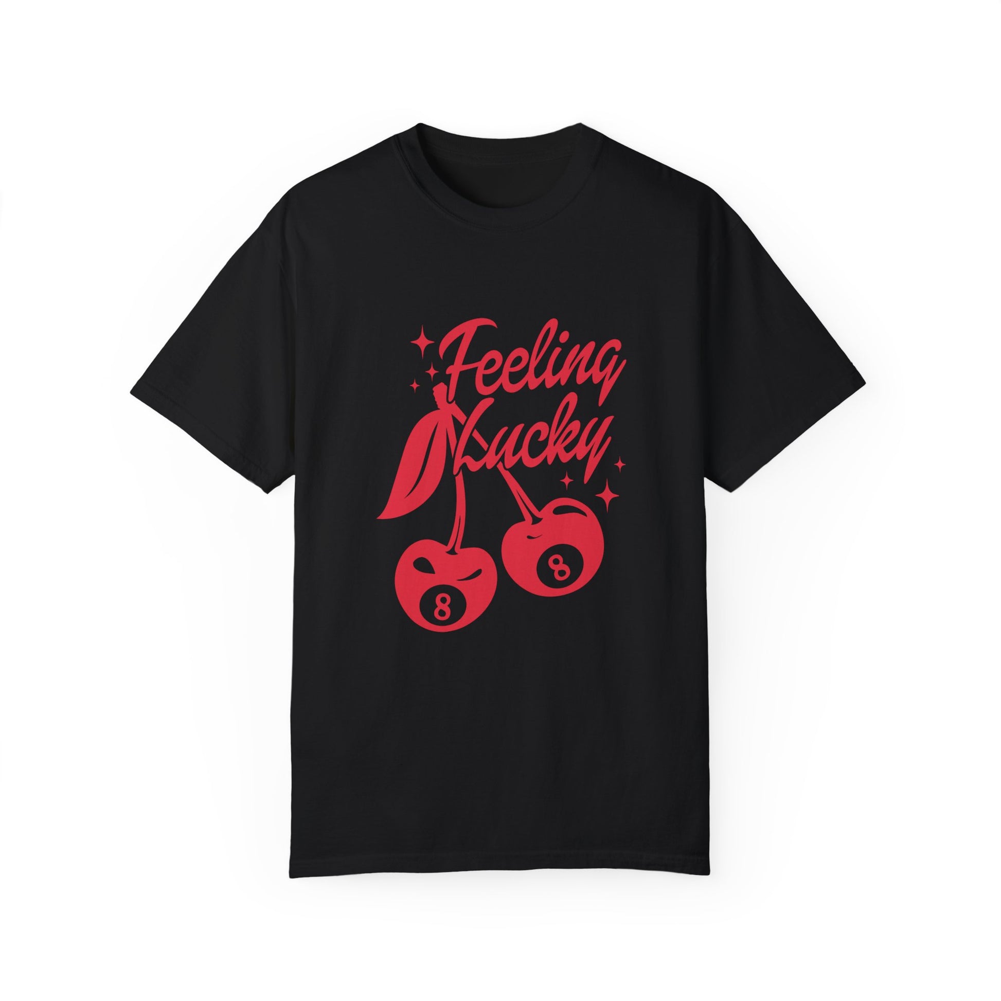 Shirt featuring a lucky cherry graphic with vintage red cherries and an 8-ball design. Retro cherry t-shirt with a feeling lucky vibe, perfect as a black vintage shirt or fun vintage shirt for casual, stylish looks.