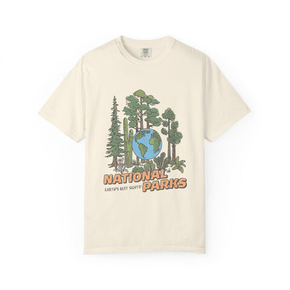 Beige t-shirt with national parks graphic on a white background