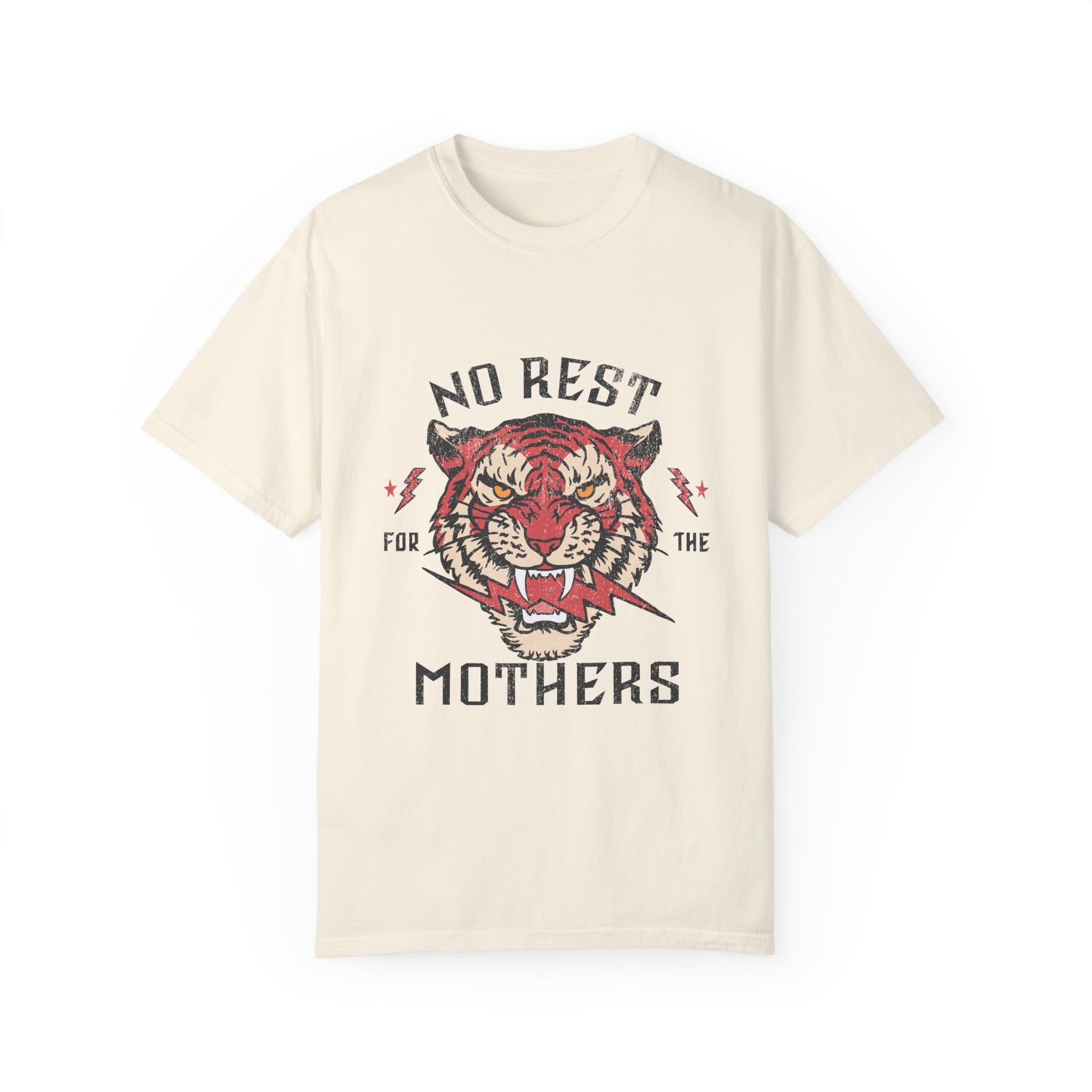 Bold tiger graphic on a No Rest for Mothers Tee, designed for empowered moms. This Tiger Mom Graphic Tee and Vintage Mom Graphic Tee combines retro flair with edgy style. Perfect for casual wear, gifting, or embracing mom life with confidence.