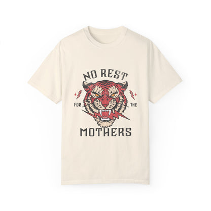 Bold tiger graphic on a No Rest for Mothers Tee, designed for empowered moms. This Tiger Mom Graphic Tee and Vintage Mom Graphic Tee combines retro flair with edgy style. Perfect for casual wear, gifting, or embracing mom life with confidence.