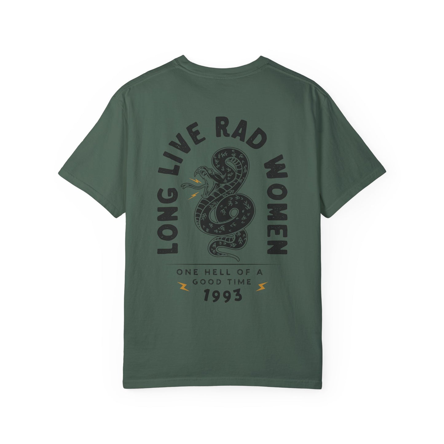 Long Live Rad Women retro snake tee, vintage cotton shirt with relaxed fit, feminist graphic tee, statement graphic tee, snake design tee, lightweight casual cotton tee, bold feminist shirt, 90s style t-shirt, graphic women tee for everyday wear.