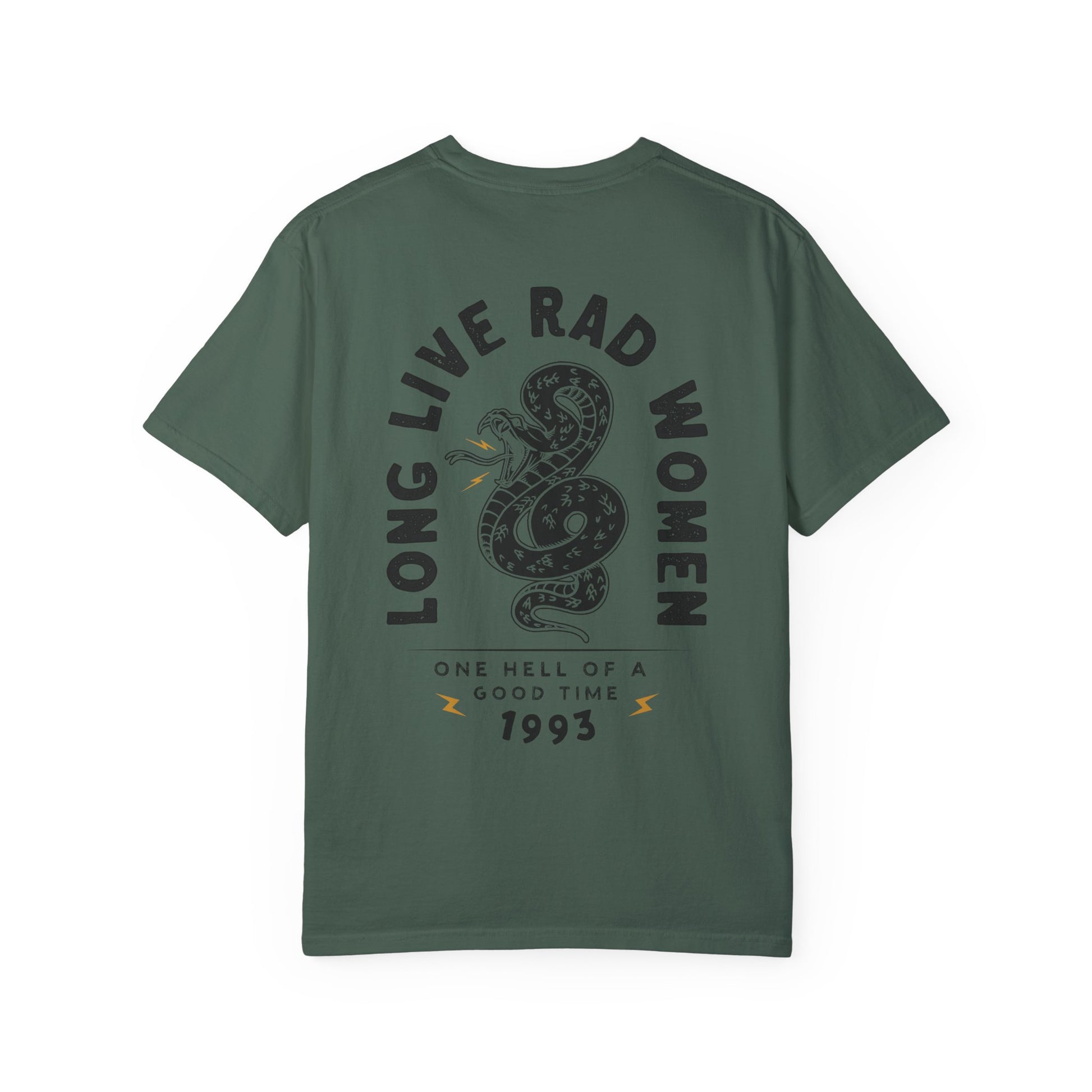 Long Live Rad Women retro snake tee, vintage cotton shirt with relaxed fit, feminist graphic tee, statement graphic tee, snake design tee, lightweight casual cotton tee, bold feminist shirt, 90s style t-shirt, graphic women tee for everyday wear.