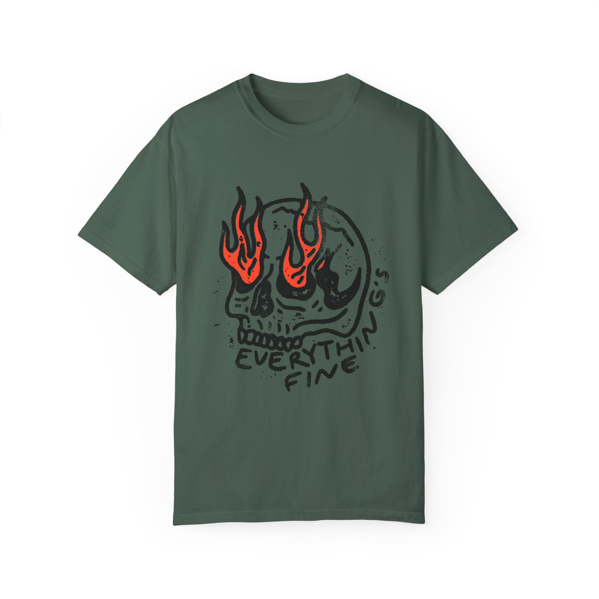 Distressed Skull Graphic T-Shirt with flames and bold grunge design. Oversized fit offers comfort and vintage-inspired edge for casual or streetwear outfits. 